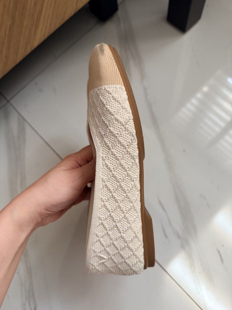 VIVAIA Square Toe Flats Beige (Category: Flats & Sandals) located in Quezon City. Submitted by hjane26 (Listing ID 1465635685, Image 3). Description: - Brand: VIVAIA - Style: Knitted slip-on daily flats - Color: Beige and cream tone with contrasting toe cap - Design: Textured diamond pattern across the upper - Comfort: Cushioned insole and flexible design - Condition: Excellent / Ready to wear - Size: 22.5cm / 5.5 US - Can be cleaned via washing 