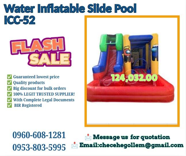 Water Inflatable Slide Pool ICC-52 (Category: Home Improvement Tools & Accessories) located in Caloocan City. Submitted by 09263834248 (Listing ID 1465623865, Image 1). Description: ●Size: 4*3*2.7m ●Material: 0.55mm Plato PVC ●Weight (kg): 70 ●Packing size (cm): 100*85*85 .