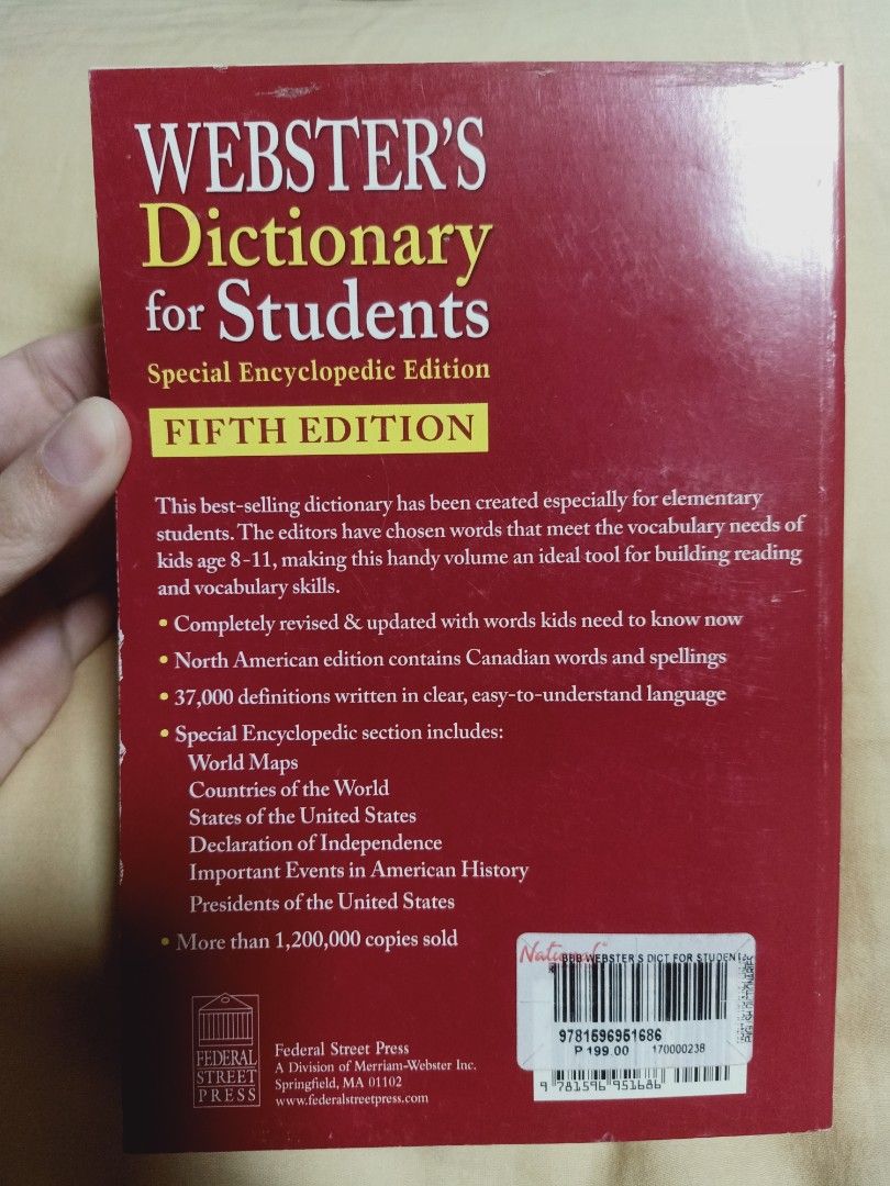 Websters dictionary (Category: Storybooks) located in Manila. Submitted by tjgochum2342290 (Listing ID 1465706199, Image 2). Description: BRAND NEW PAYMENT: - Gcash LOGISTICS - Lalamove (buyer will shoulder shipping fee) PROCESS: - send the buyer's address and contact# - seller will book lalamove - payment message seller for inquiry .
