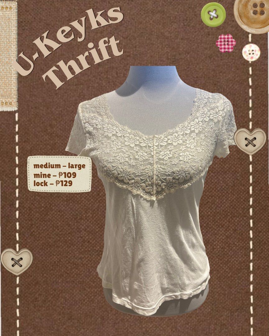 White Lace Accent Short Sleeve Top (Medium ~ Large) (Category: Blouses) located in Cavite. Submitted by ukeyks (Listing ID 1465706922, Image 2). Description: - Color: Cream - Style: Short sleeve pullover with wide scoop neck - Details: Beautiful lace accent across neckline and shoulders - Fit: Regular, comfortable fit (fits Medium to Large) - Fabric: Soft and cozy everyday wear .