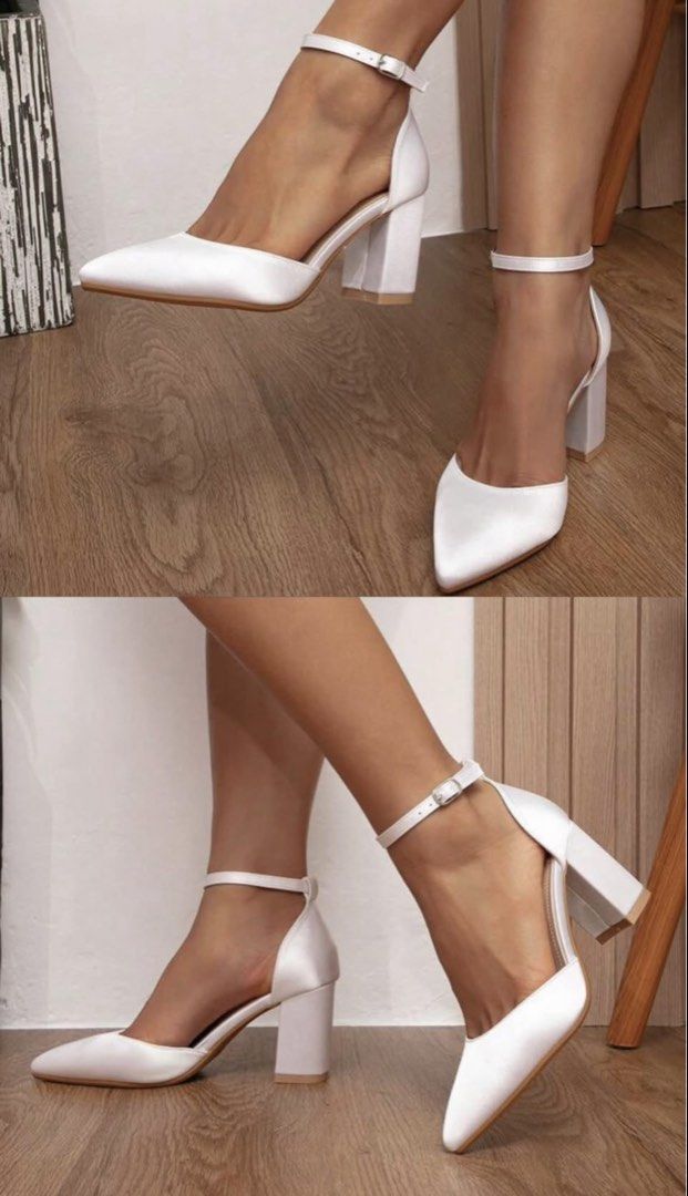 White Satin Block Heel Wedding Shoes Ankle Strap (Category: Heels) located in Dagupan City. Submitted by vallureph (Listing ID 1465591419, Image 1). Description: - Style: White satin heels with pointed toe and chunky block heel - Details: Delicate ankle strap with silver buckle closure - Height: Comfortable mid-height heel - Condition: Worn once for a wedding, clean soles, and spotless upper material - Perfect for: Weddings, debuts, and special o