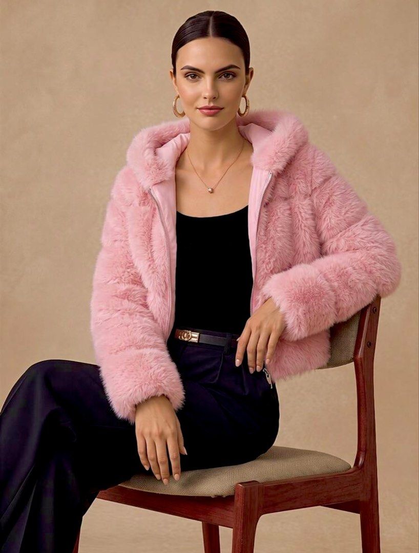 Winter jacket with hood for women (Category: Coats, Jackets and Outerwear) located in Quezon City. Submitted by shop.fashionizta (Listing ID 1465619126, Image 3). Description: ✅ON HAND✅ Small-Medium (2 stocks only) Blush Pink Faux Fur Hooded Jacket A cute and stylish blush pink faux fur jacket designed to keep you cozy while adding a soft, feminine touch to your winter look. It features a fluffy oversized hood, plush long-pile fur, long sleeves, 