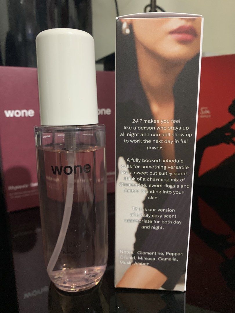 WONE 24/7 Perfume Mist 90ml (Category: Fragrance & Deodorants) located in Quezon City. Submitted by akiharuclosetph (Listing ID 1465584837, Image 2). Description: - BRAND NEW WITH BOX 90ml - Scent Profile: Sweet and sultry blend of clementine, pepper, orchid, mimosa, camelia, musk, and amber - Usage: Versatile daily scent, ideal for both day and night wear.