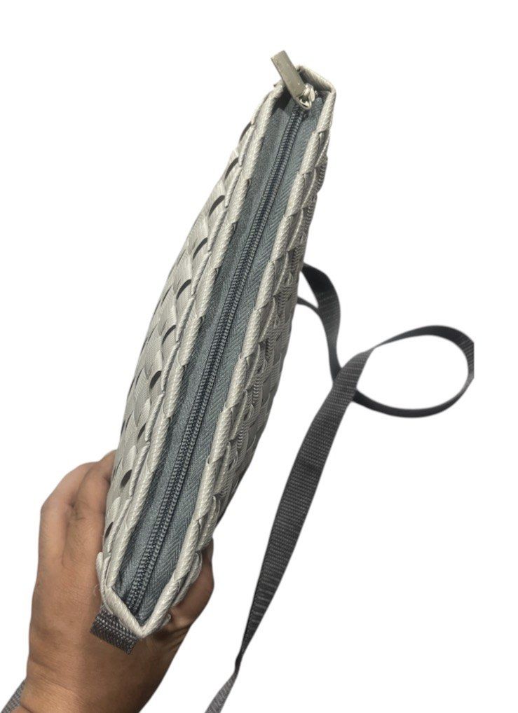 Woven Crossbody Bag Grey (Category: Cross-body Bags) located in San Pedro. Submitted by lifebeginsaftercoff33 (Listing ID 1465678651, Image 3). Description: - Stylish grey crossbody bag with an intricate woven exterior - Secure zip-closed main compartment with a clean, lined interior - Adjustable grey strap fitted with a convenient side-release plastic buckle - Compact size designed for comfortable everyday use - Dimes: 7in (H); 10.2in (L); 3in (