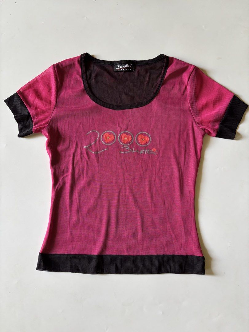 Y2K ‘Bhatti Paris’ mesh pink tee (Category: Others Tops) located in Dumangas. Submitted by lavish.ph_igshop (Listing ID 1465642585, Image 1). Description: Size: XS-M, W 26 | L 20.5 Y2K.