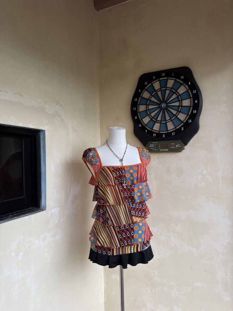 y2k vintage multicolor patchwork tiered ruffle peplum top (Category: Blouses) located in Nabua. Submitted by kimscloset0 (Listing ID 1465590502, Image 1). Description: bust: 30-38 waist: 28-38 length: 21 fabric: 100% nylon - inner lining.