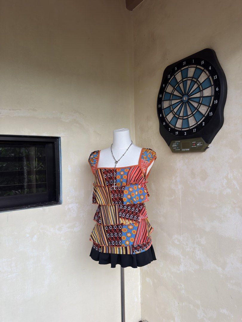 y2k vintage multicolor patchwork tiered ruffle peplum top (Category: Blouses) located in Nabua. Submitted by kimscloset0 (Listing ID 1465590502, Image 3). Description: bust: 30-38 waist: 28-38 length: 21 fabric: 100% nylon - inner lining.