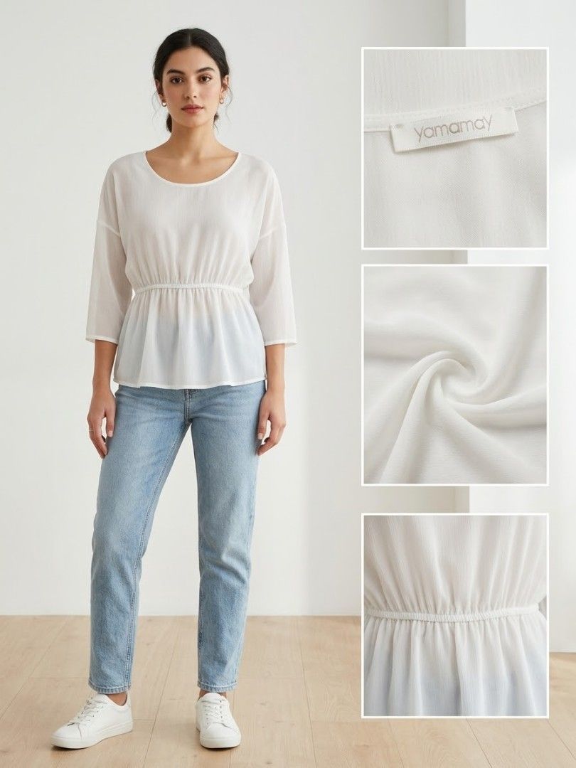 Yamamay White Blouse (Category: Blouses) located in Manila. Submitted by afforlux (Listing ID 1465672680, Image 1). Description: - Brand: Yamamay - Color: Classic White - Fabric: Lightweight and breathable - Design: Round neckline and 3/4 sleeves - Fit: Elasticated waist with a flattering gathered peplum hem - Style: Clean minimalist look, perfect to dress up or down with jeans.