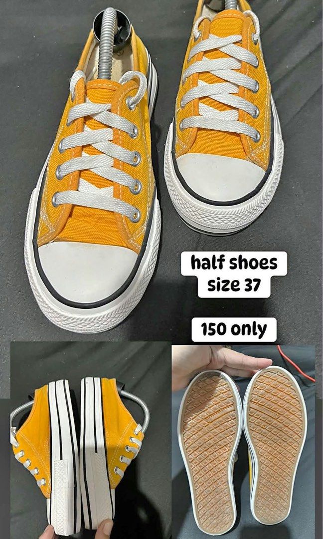 Yellow Half Shoes Sneaker Size 37 (Category: Sneakers) located in Manila. Submitted by kiyanna.preloved (Listing ID 1465699576, Image 1). Description: - Style: Low-top slip-on sneakers - Color: Bright yellow with white and black details - Size: 37 - Features: White rubber toe caps, thick white outsoles with black stripe accents, and wide white laces - Sole: Brown textured rubber for extra grip - Condition: Brand new / Excellent.