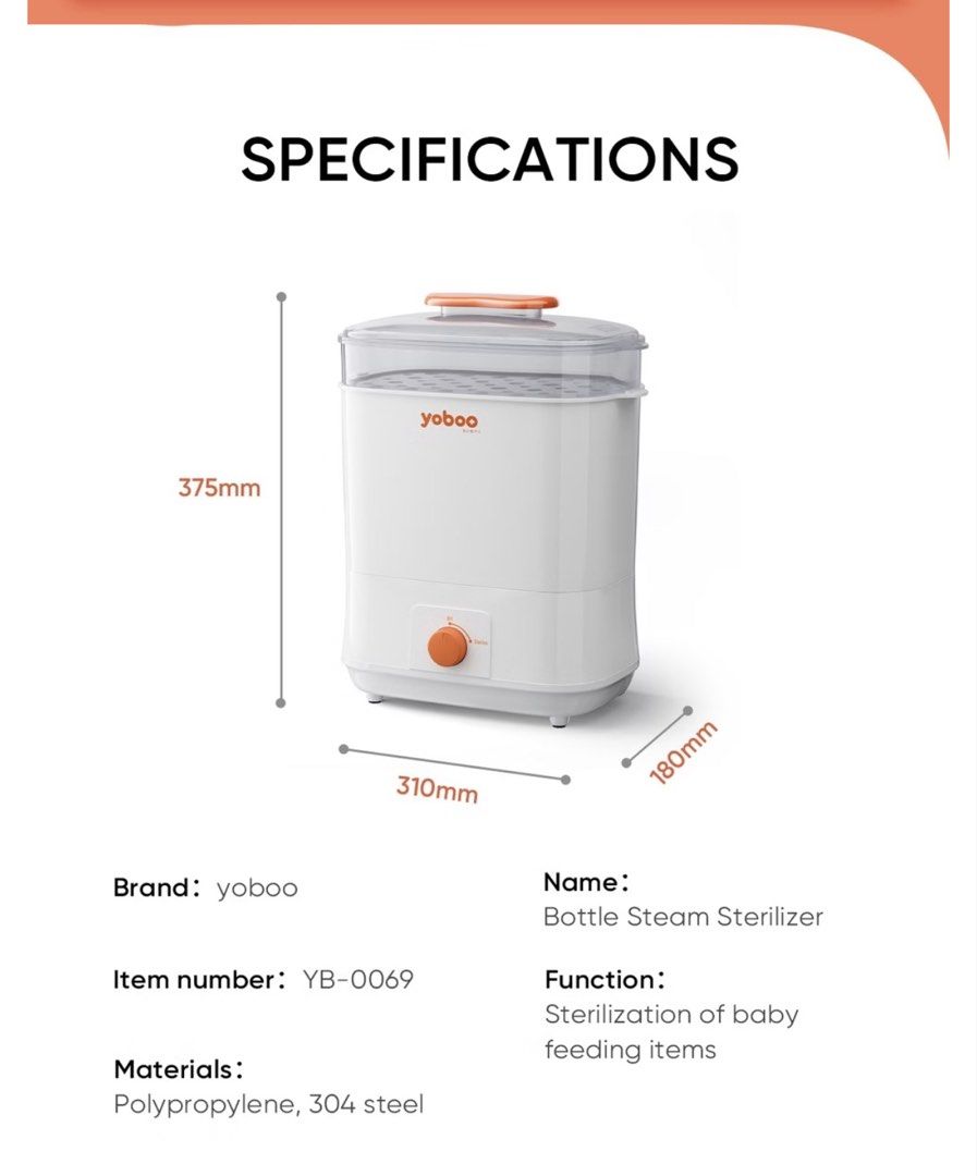 Yoboo Sterilizer (Category: Other Kids Furniture) located in Quezon City. Submitted by tmatts (Listing ID 1465597773, Image 3). Description: Sterilizer & steamer RFS: barely used it Original: P3, 149 (sold out already online).
