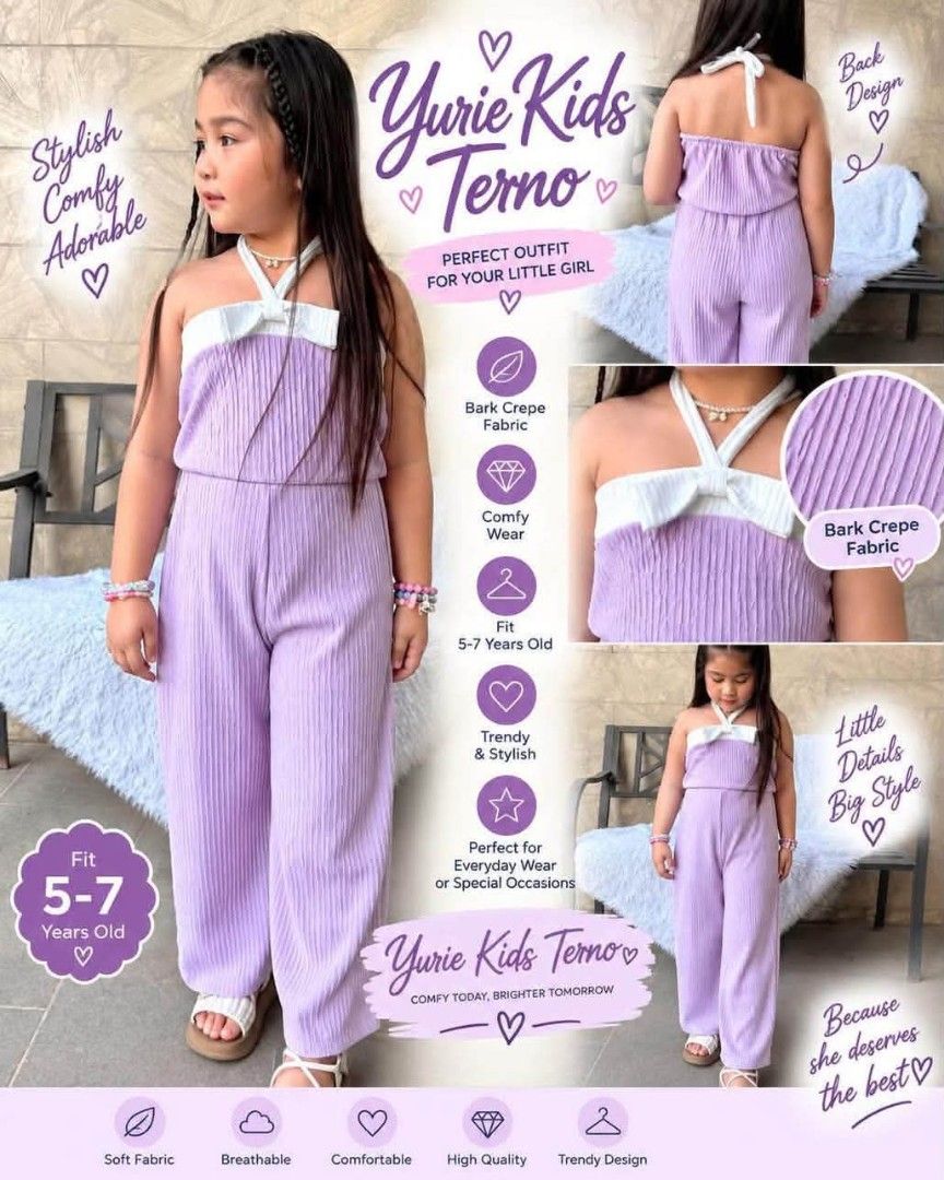 YURIE BACKLESS JUMPSUIT (Category: Babies & Kids Fashion) located in Cainta. Submitted by agirlnamedkatkatII (Listing ID 1465621804, Image 2). Description: YURIE BACKLESS KIDS JUMPSUIT P270.00 FREESIZE CAN FIT FROM 5-7 YEARS OLD FABRIC: BARK CREPE FABRIC NOTE: PLEASE PROVIDE 2ND AND 3RD COLOR OPTIONS.