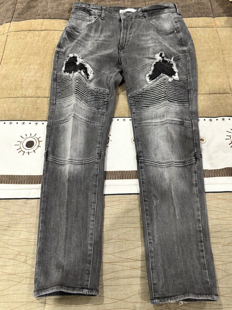 Zara Black / Grey Biker Distressed Ripped Jeans (Category: Jeans) located in Paranaque City. Submitted by antzsome (Listing ID 1465591188, Image 2). Description: - Brand: Zara - Color: 2 pairs Faded Black & Grey with washed aesthetic and fading - Details: Ripped distressing and ribbed biker knee panels 2.5k each get them both for 4k 09177011079.
