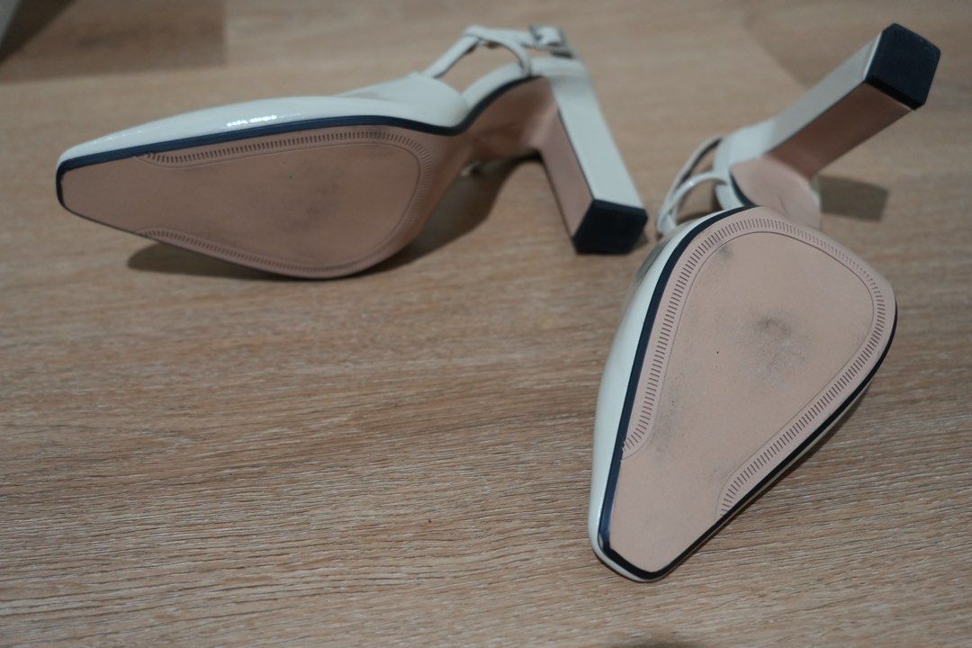 Zara Cream Slingback Heels Size 37 (Category: Heels) located in Cainta. Submitted by karsssss (Listing ID 1465756927, Image 3). Description: - Brand: Zara - Style: Patent slingback heels with square toe and block heel - Color: Cream - Size: 37 - Closure: Adjustable ankle strap with buckle .