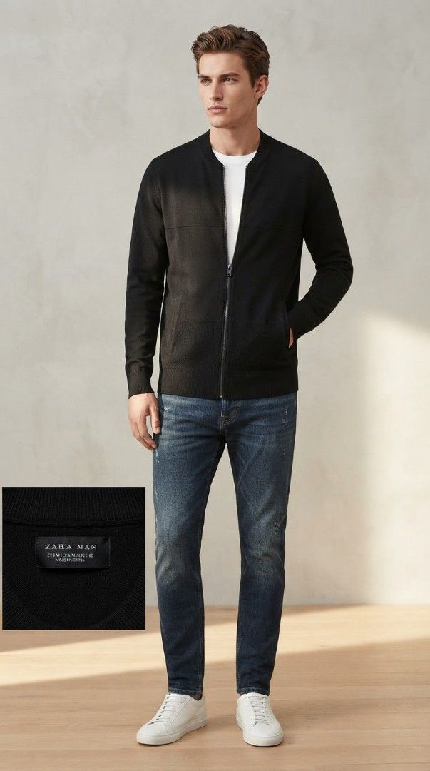 Zara Man Black Knit Zip Bomber Jacket (Category: Coats, Jackets and Outerwear) located in Manila. Submitted by afforlux (Listing ID 1465647865, Image 1). Description: - Brand/Model: Zara Man Black Knit Zip Cardigan - Size: Medium (Standard Fit) - Material: Warm knit fabric suitable for cooler days - Design: Clean minimalist look with structured chest panel - Features: Front zipper closure, side pockets, and ribbed collar, cuffs, and hem - Conditi