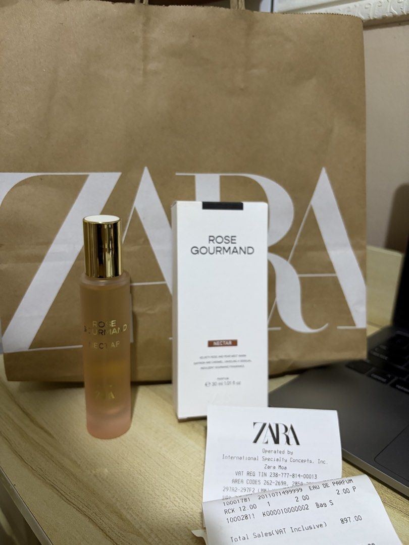 Zara Rose Gourmand Nectar Eau De Parfum 30ml (Category: Fragrance & Deodorants) located in General Trias. Submitted by thriftlist (Listing ID 1465672526, Image 3). Description: - Authentic Zara Rose Gourmand Nectar (30ml bottle with gold cap) - Original receipt included in photos - Scent Profile: Sweet, warm, and luxurious notes of velvety rose, pear, saffron, and caramel - Condition: Brand new, box opened just to check the scent only - Guarantee