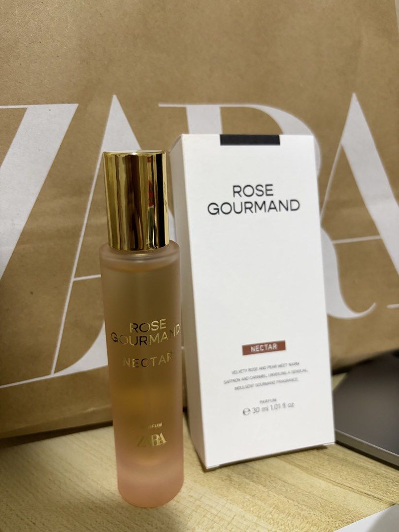 Zara Rose Gourmand Nectar Eau De Parfum 30ml (Category: Fragrance & Deodorants) located in General Trias. Submitted by thriftlist (Listing ID 1465672526, Image 2). Description: - Authentic Zara Rose Gourmand Nectar (30ml bottle with gold cap) - Original receipt included in photos - Scent Profile: Sweet, warm, and luxurious notes of velvety rose, pear, saffron, and caramel - Condition: Brand new, box opened just to check the scent only - Guarantee