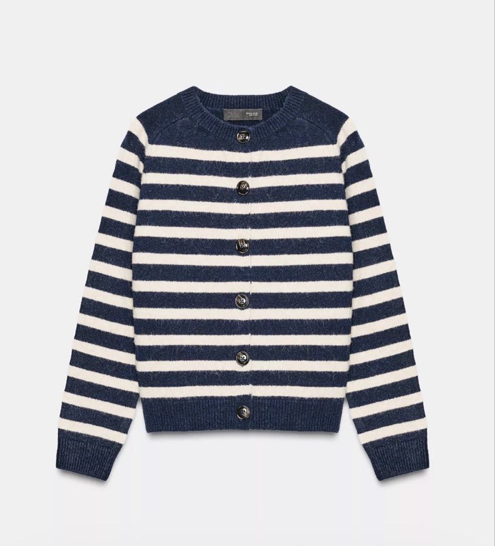 Zara striped round neck cardigan (Category: Coats, Jackets and Outerwear) located in Makati City. Submitted by prelovedbystella16 (Listing ID 1465682021, Image 1). Description: Worn 2x Good as new condition no issue Size large, slightly stretchable Actual color is navy blue/beige striped Round neck Not itchy when worn Measurements provided in last pics.