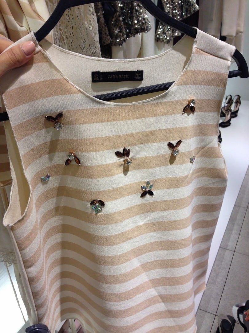 Zara Top with rhinestones (Category: Blouses) located in Cebu City. Submitted by paulactan (Listing ID 1465636453, Image 3). Description: size M on tag (can fit upto large) womens beige ivory Striped rhinestone tank top.