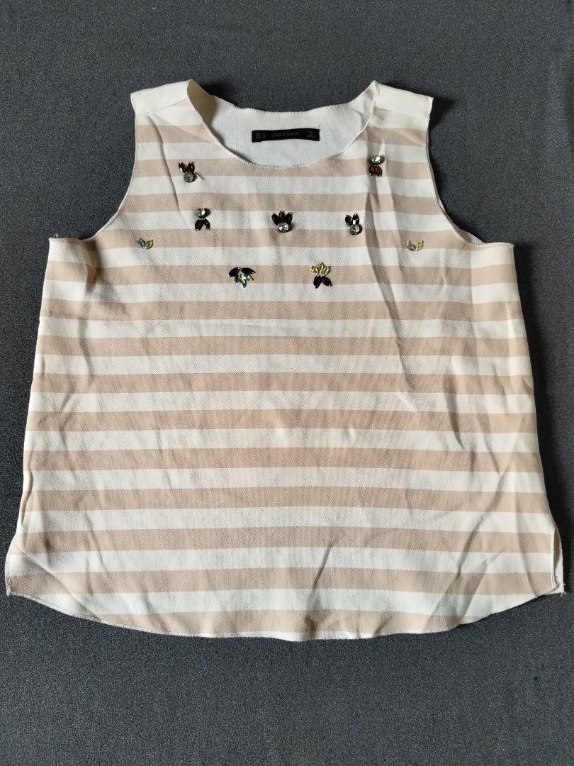 Zara Top with rhinestones (Category: Blouses) located in Cebu City. Submitted by paulactan (Listing ID 1465636453, Image 1). Description: size M on tag (can fit upto large) womens beige ivory Striped rhinestone tank top.