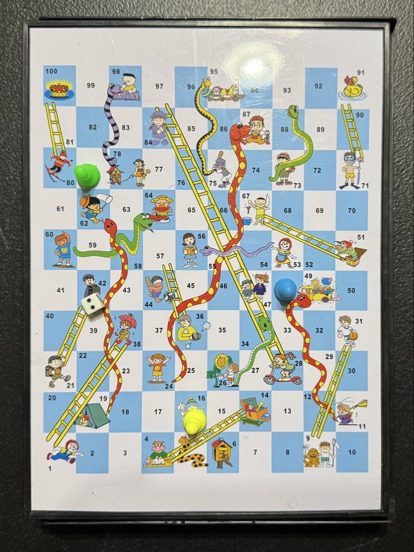 2-in-1 Chess and Snakes & Ladders Board Game Set (Category: Board Games & Puzzles) located in San Pedro. Submitted by pageturner19 (Listing ID 1471141689, Image 3). Description: - 2-in-1 reversible board game: Standard chess on one side, classic snakes and ladders on the other - Complete set includes black and white chess pieces, colorful pawns, and dice - Built-in storage compartment inside the foldable board to keep all pieces secure - Travel-f