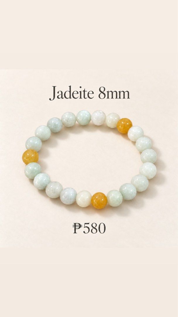 8mm Jadeite Jade Bracelet with Certificate (Category: Bracelets) located in Las Pinas. Submitted by fayeabell (Listing ID 1471156722, Image 1). Description: Natural jadeite bracelet featuring 8mm beads in light green with contrasting yellow-orange accent beads. Total weight is 20.18g. Includes authenticity certificate with test number GB2609004829. Smooth polished finish with comfortable stretch cord. Great piece for daily wear or gifting..