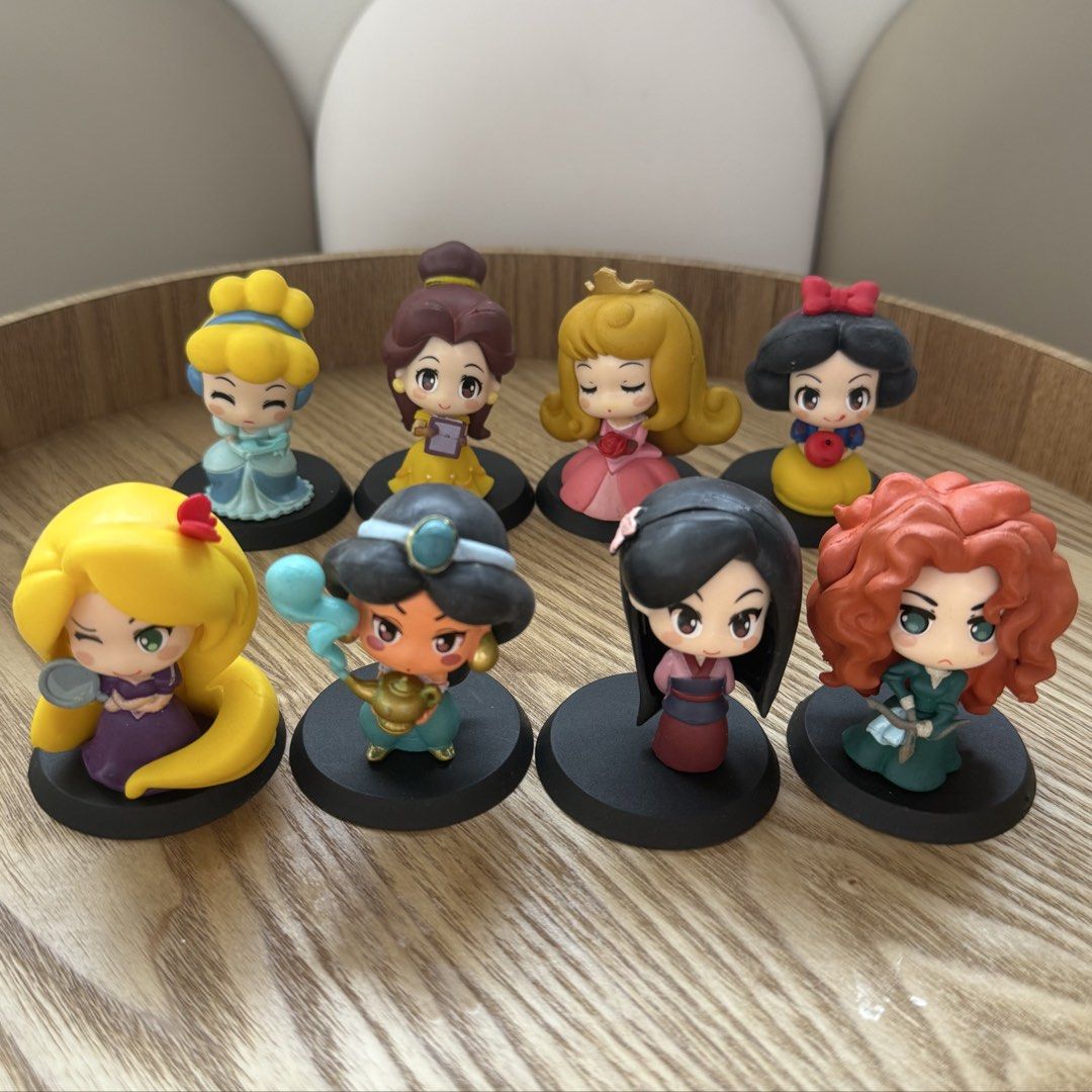 8pcs SET Disney Princess Chibi Mini Figures Collectible Set (Category: Designer & Blind Box Toys) located in Marikina City. Submitted by lovegoeson (Listing ID 1471198067, Image 1). Description: - set of 8 Disney Princess chibi figurines - Includes: Cinderella, Belle, Aurora, Snow White, Rapunzel (with frying pan), Jasmine, Mulan, and Merida (with bow & arrow) - Comes with individual black round bases for secure display - Highly detailed sculpts 
