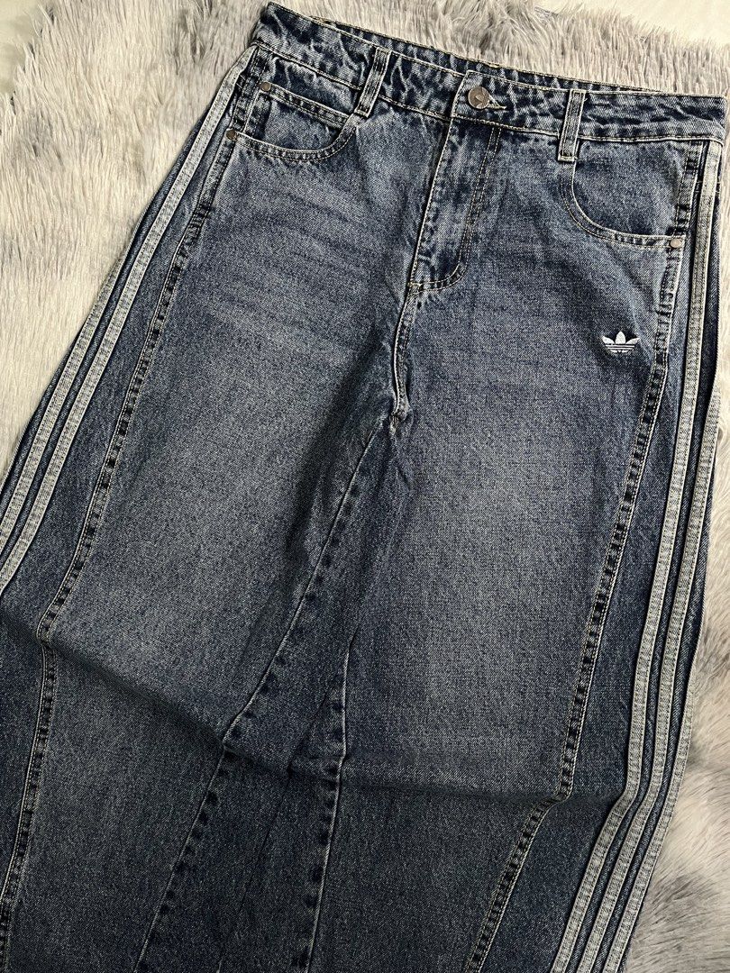 Adidas Y2K Wide Denim Pants (Category: Jeans) located in Caloocan City. Submitted by kaeleinn (Listing ID 1471254392, Image 2). Description: Adidas Y2K Wide Denim Pants 31" waist 42" length 11" leg opening excellent condition, embroidered Trefoil logo, 3-stripes side 1500 + sf 📥.