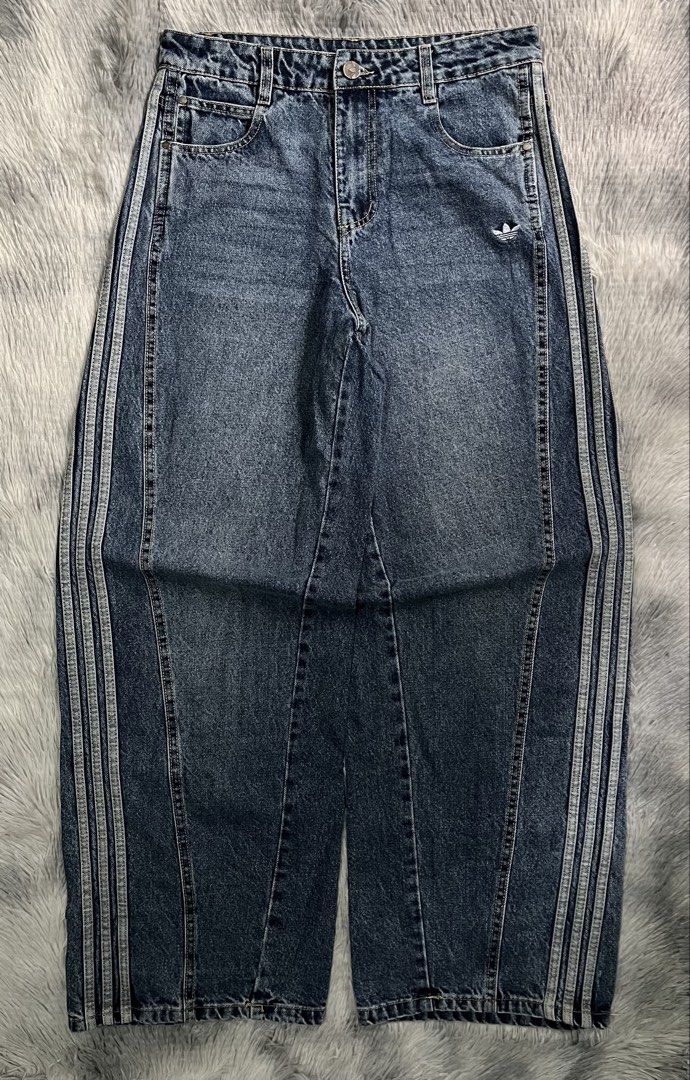Adidas Y2K Wide Denim Pants (Category: Jeans) located in Caloocan City. Submitted by kaeleinn (Listing ID 1471254392, Image 1). Description: Adidas Y2K Wide Denim Pants 31" waist 42" length 11" leg opening excellent condition, embroidered Trefoil logo, 3-stripes side 1500 + sf 📥.