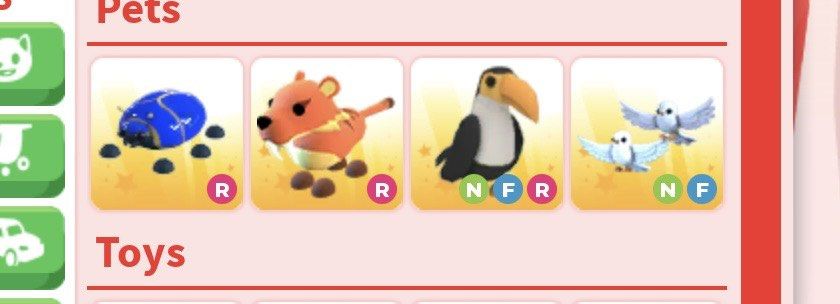 Adopt me: ultra rare pets!! (Category: Others) located in Legazpi City. Submitted by k-leb (Listing ID 1471127877, Image 1). Description: Adopt me Ultra-rare pets!! Cheap Price!! toucan-60 php Sabertooth-15php Giant blue scarab- 15php Turtle dove-25php.
