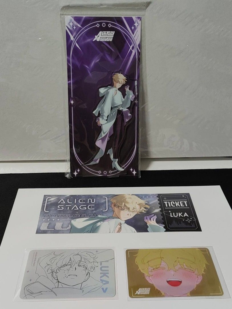 Alien Stage Luka Acrylic, ticket, and card set (Category: K-Wave Merchandise) located in Muntinlupa City. Submitted by kuroshiro_ (Listing ID 1471255687, Image 1). Description: What you see, what you get Color may vary due to lighting Declared as is/ loose/ bib/ misb Items are in good condition, authentic Manage your expectation, from personal collection Will indicate if there are flaws or issue Not recommended for sensitive buyer/collector Can g