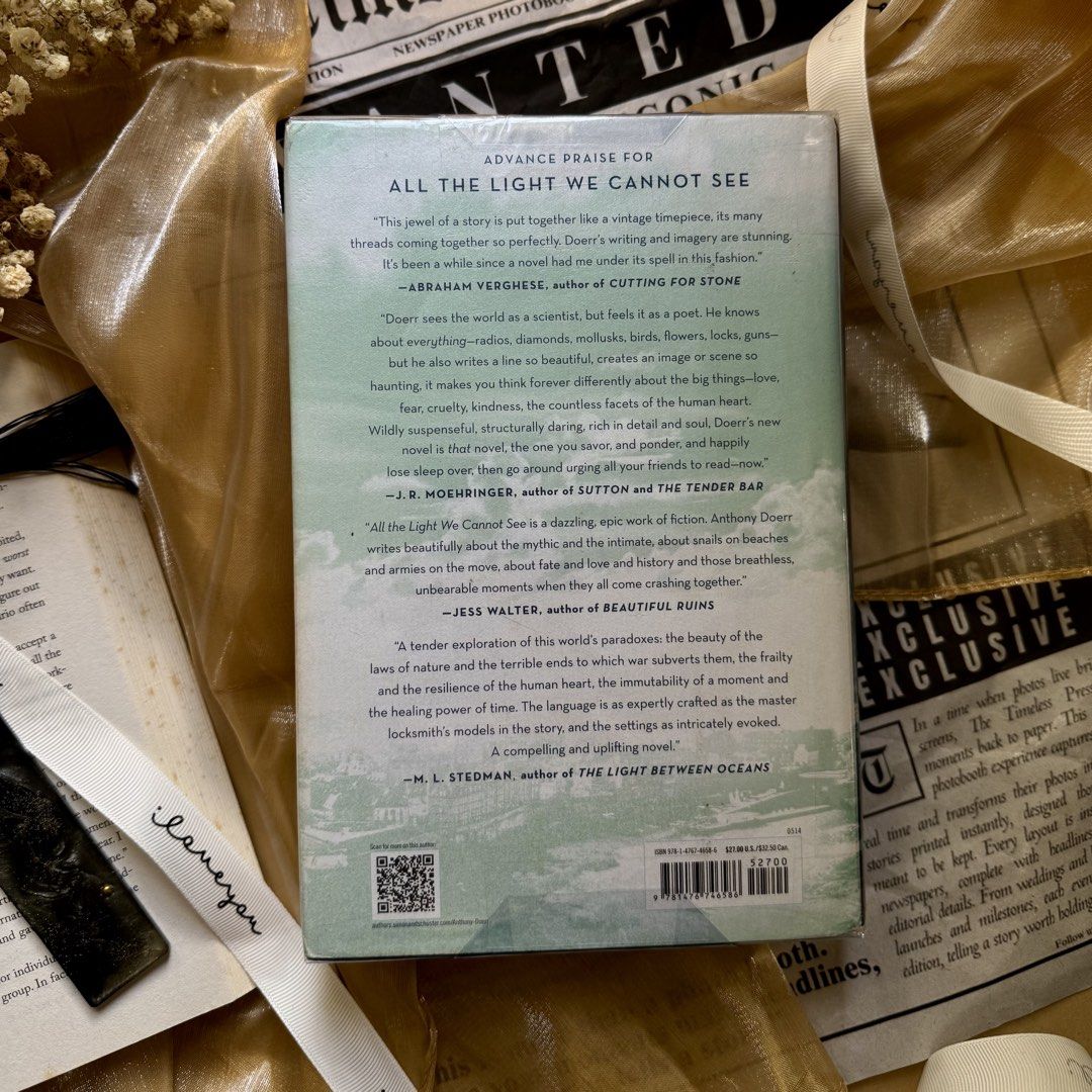 All The Light We Cannot See by Anthony Doerr (Hardcover) (Category: Storybooks) located in Manila. Submitted by pages_dusk (Listing ID 1471227848, Image 2). Description: Original price: ₱899 Selling it for only ₱600! VERY GOOD CONDITION with a few foxing Selling our personal book collections!📚 All books are sealed in book covers to avoid dust accumulation🤍 📍QC 📦 MOD: - Lalamove (booked by buyer) - J&T (booked by us — sf tbp by buyer) 💰MOP: G