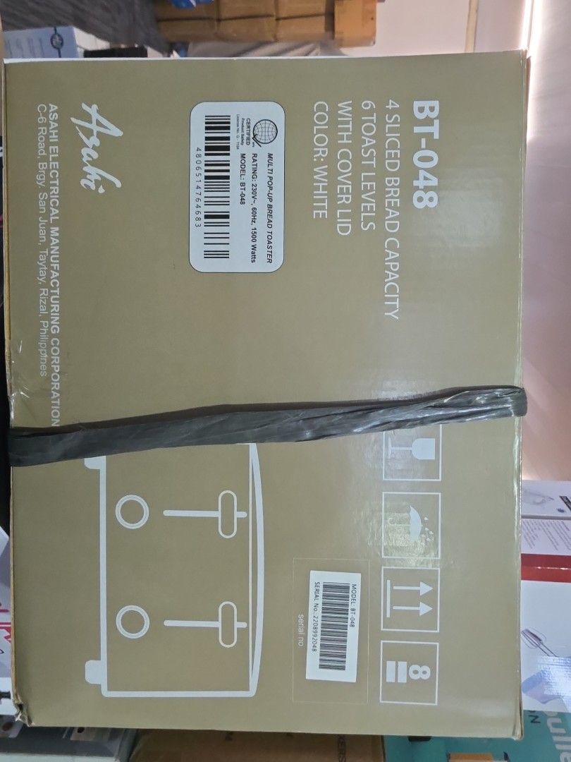 Asahi electric pop up toaster 4 slots (Category: Breadmakers) located in Makati City. Submitted by melissa12345 (Listing ID 1471130152, Image 2). Description: Brandnew item sealed item 👉Read me 1st 📍Brand new 💯 📍Items on hand ❌ No COD 🏦 MOP bpi/bdo/GCash/maya 📍No return no exchange 📍Payment 1st before delivery 💰Cashless transaction at this moment. ,.