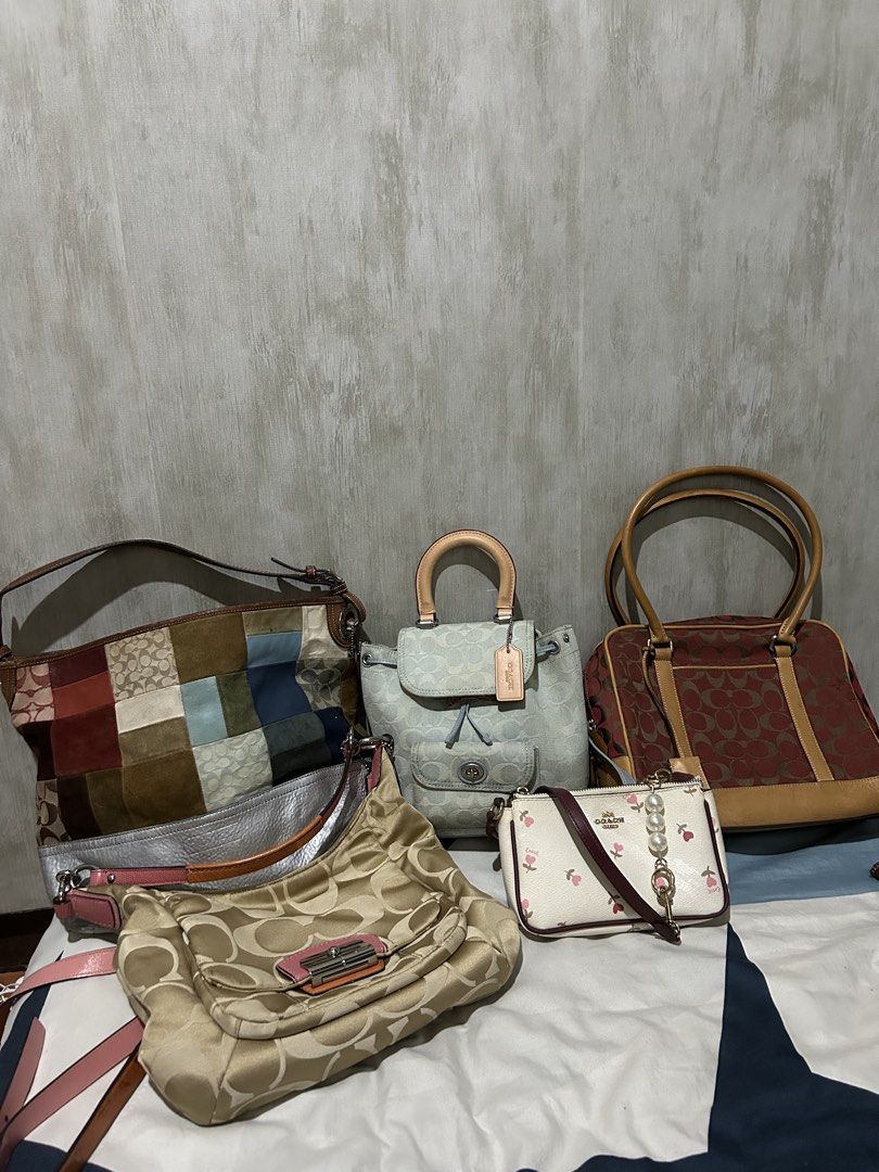 FOR SALE!!! DM ME (Category: Shoulder Bags) located in Balanga. Submitted by coolwhale-76ba (Listing ID 1471162806, Image 1). Description: - Authentic Coach bag collection clear-out - Variety of styles: signature canvas, patchwork suede, light blue mini backpack, red structured tote, and cream floral crossbody with pearl charm - Assorted sizes and colors - Great bundle deal for classic styles - Message for individual item details, photos, and pri
