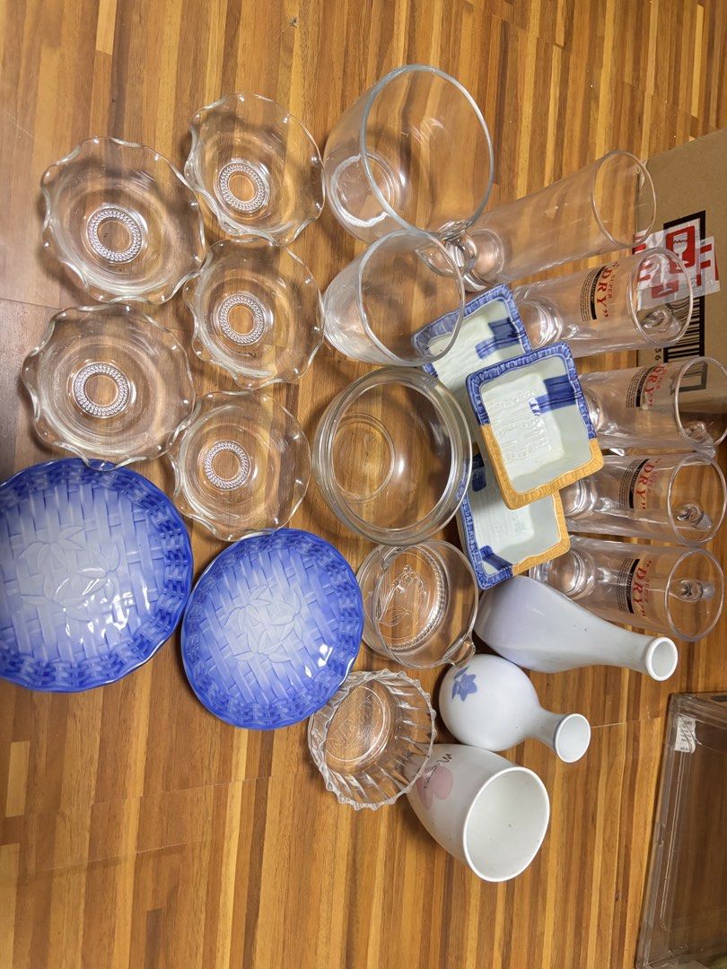 Assorted Glassware, Ceramic Dishes, and Sake Bottles (Category: Dinnerware & Cutlery) located in Baliuag. Submitted by importeditemsbykimi (Listing ID 1471241079, Image 1). Description: - Bundle includes: Asahi Super Dry beer glasses, Kirin glassware, blue patterned plates, ceramic sake carafes, and textured glass bowls - Variety of styles and sizes mixed together - Ideal for beginners or stocking up a home bar - Selling as a complete set only (n