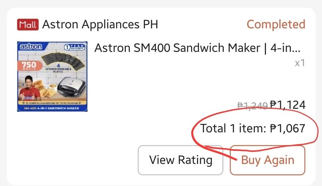 Astron SM-400 4-in-1 Sandwich Maker (Category: Breadmakers) located in Quezon City. Submitted by giemsdc (Listing ID 1471120263, Image 3). Description: -Brand: Astron SM-400 4-in-1 Sandwich Maker - Power: 750 Watts for fast heating - Plates: Includes interchangeable plates for sandwiches, waffles, and other snacks - Condition: Clean unit, well-maintained - Inclusion: Original box included - Mode of Payment: GCash - Shipping: Via Lalamove/Grab/ Jo