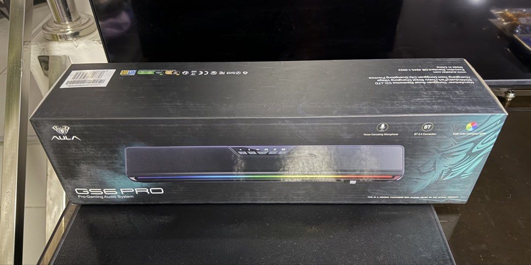 AULA GS6 PRO Gaming Audio System Soundbar (Category: Soundbars, Speakers & Amplifiers) located in Quezon City. Submitted by che17 (Listing ID 1471218550, Image 2). Description: - Brand new and 100% sealed AULA GS6 PRO gaming soundbar - Vibrant RGB color-changing lights along the base - Built-in noise-canceling microphone for crystal-clear comms - Latest Bluetooth 5.4 wireless connection support - Sleek long black design fits perfectly under any m