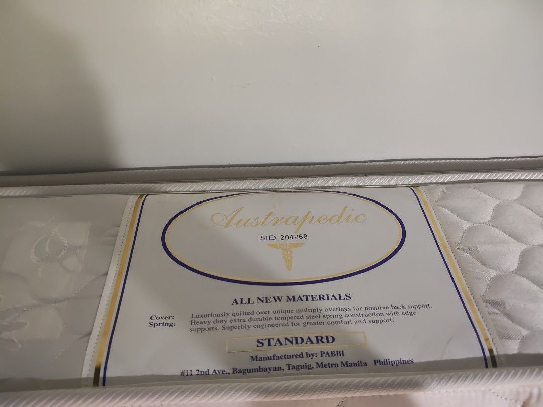 Austrapedic Standard Mattress (Queen Size) (Category: Bed Frames & Mattresses) located in Manila. Submitted by kbsell9020 (Listing ID 1471171555, Image 2). Description: RUSH SALE! Queen Size Mattress (60"x77") - Brand: PABBI (Austrapedic Standard) - Origin: Proudly manufactured in Taguig, Metro Manila, Philippines - Support: Engineered with heavy-duty, extra-durable tempered steel springs and edge supports - Comfort: Features a quilted cover with