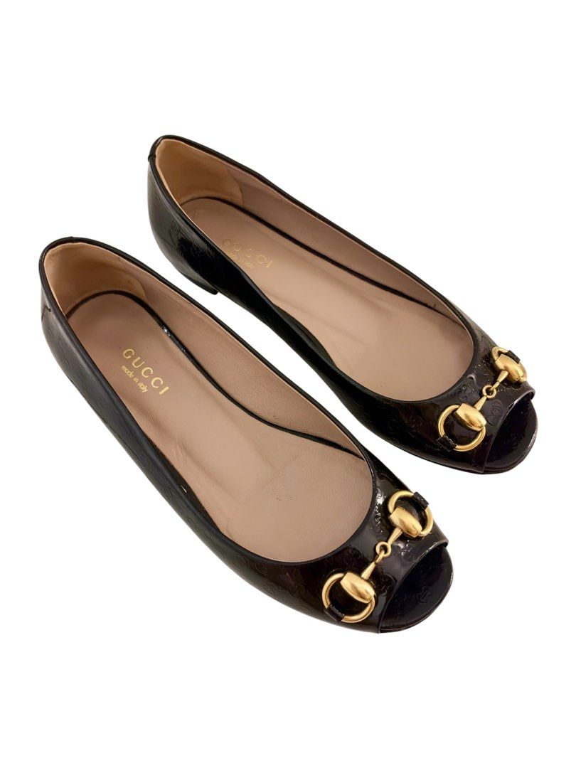 Authentic GUCCI Monogram Patent Leather Horsebit Peep Toe Flats (Category: Sneakers & Footwear) located in Manila. Submitted by serendipitymanila (Listing ID 1471284090, Image 3). Description: Gucci monogram patent leather flats in black. Peep toe design with gold-tone horsebit hardware detail. Tan leather interior lining with gold stamped Gucci logo. Made in Italy..