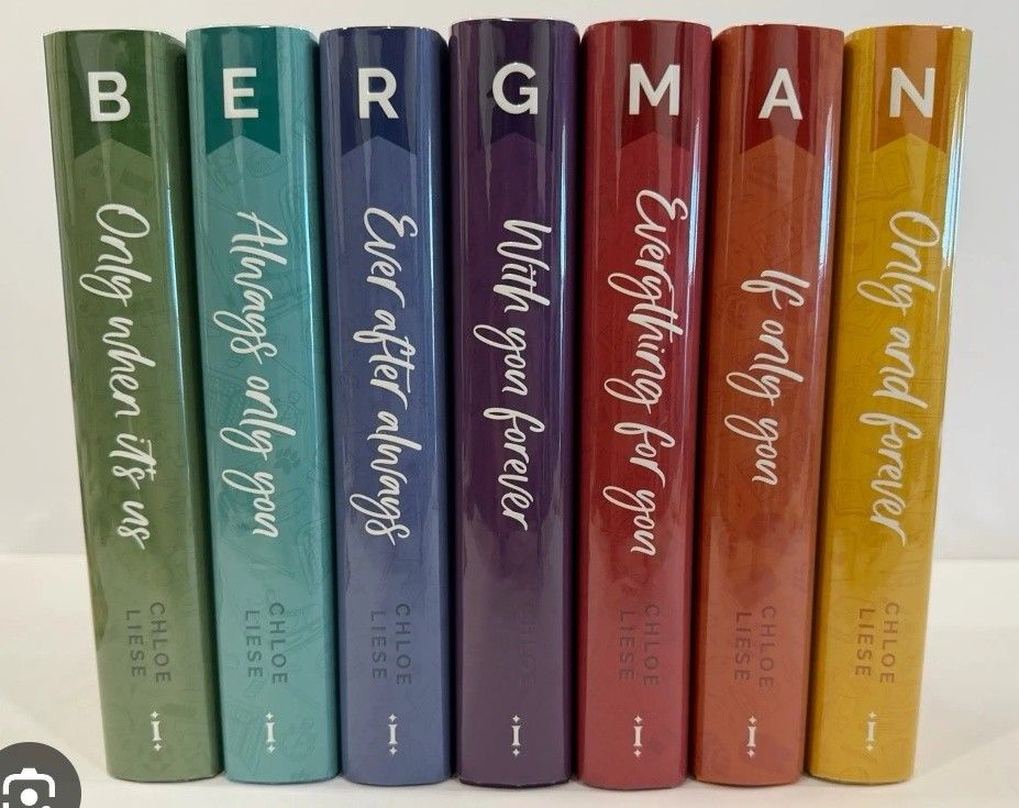 Bergman Series Afterlight Edition (Category: Storybooks) located in Baguio. Submitted by selover1492 (Listing ID 1471291840, Image 2). Description: Complete 7-book Bergman series by Chloe Liese in matching hardcovers. Features colorful spines that spell out Bergman. Perfect for contemporary romance fans!.