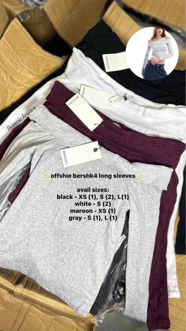 Bershka Off-Shoulder Long Sleeve Top (Category: Longsleeves) located in Caloocan City. Submitted by lpzchy (Listing ID 1471159114, Image 1). Description: - Brand: Bershka (Brand New with Tags) - Style: Off-shoulder long sleeve basic top - Material: Soft and comfortable ribbed fabric - Colors & Sizes Available: * Black: XS, S, L * White: S * Maroon: XS * Gray: S, L - Note: Please DM us to confirm color and size availability before checking out!.