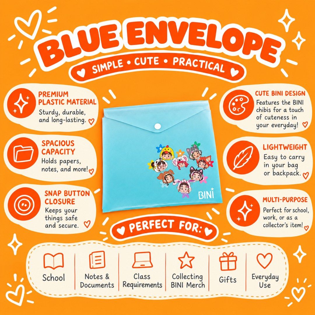 BINI x National Bookstore Blue Envelope (Category: Stationery & School Supplies) located in Navotas City. Submitted by ohyeinz (Listing ID 1471155290, Image 1). Description: A charming blue envelope from the BINI x National Bookstore collaboration! Its beautiful blue color gives it a simple yet adorable look. Perfect for storing letters, small notes, paper keepsakes, and other little treasures. Such a cute addition for BLOOMs who love collecting 