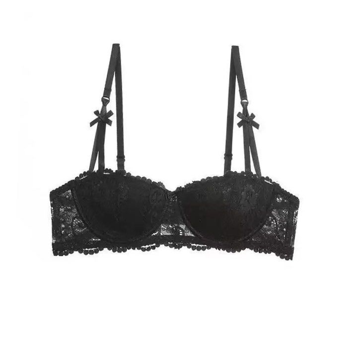 Black Floral Lace Half Cup Underwire Bra [34A] (Category: Undergarments & Loungewear) located in Malabon City. Submitted by k_intimates (Listing ID 1471286562, Image 1). Description: Details: • Size 34A / wired / lightly lined • Like new • Black floral lace half-cup underwire bra featuring scalloped edges and small decorative bows on the straps..