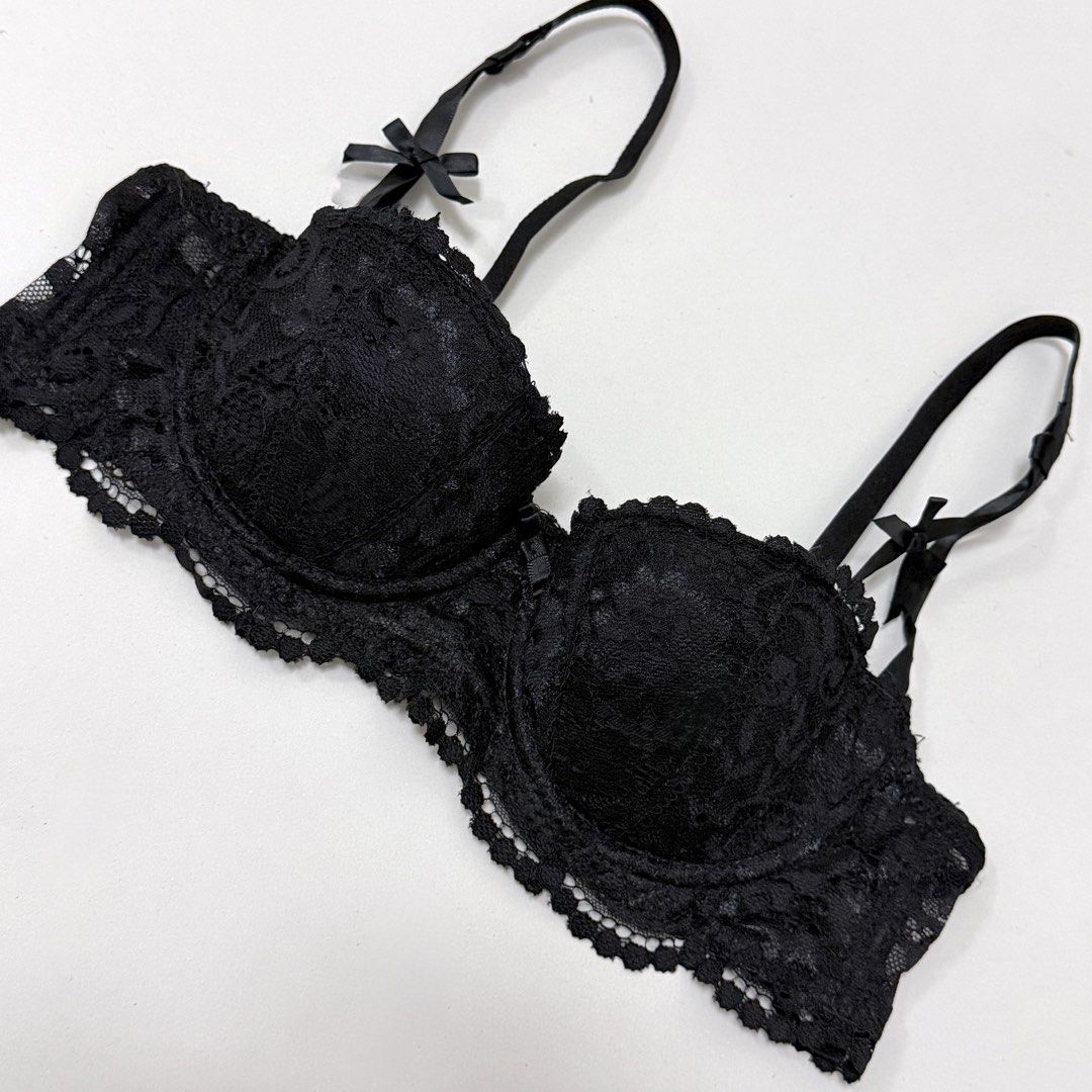 Black Floral Lace Half Cup Underwire Bra [34A] (Category: Undergarments & Loungewear) located in Malabon City. Submitted by k_intimates (Listing ID 1471286562, Image 3). Description: Details: • Size 34A / wired / lightly lined • Like new • Black floral lace half-cup underwire bra featuring scalloped edges and small decorative bows on the straps..