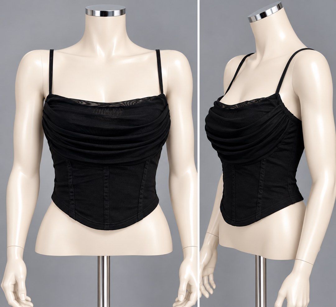 Black mesh cowl neck corset cami top (Category: Sleeveless) located in Santa Cruz. Submitted by zellethrifts (Listing ID 1471151893, Image 2). Description: • Unused • Fits small to medium • In excellent condition • Photos taken using mannequin only 🚚 Shipping via J&T only 📦 Shipping fee to be shouldered by buyer 💳 Mode of payment: GCash 📍 Santa Cruz, Laguna.