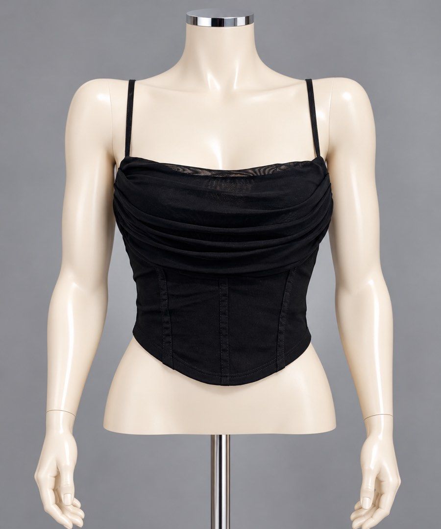 Black mesh cowl neck corset cami top (Category: Sleeveless) located in Santa Cruz. Submitted by zellethrifts (Listing ID 1471151893, Image 1). Description: • Unused • Fits small to medium • In excellent condition • Photos taken using mannequin only 🚚 Shipping via J&T only 📦 Shipping fee to be shouldered by buyer 💳 Mode of payment: GCash 📍 Santa Cruz, Laguna.