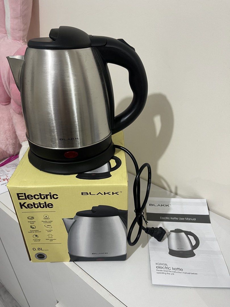 Blakk Electric Kettle (Category: Kettles & Airpots) located in Bulacan. Submitted by heyitskaye (Listing ID 1471277546, Image 1). Description: - Brand: Blakk - Model: KGEK08L - Capacity: 0.8L - Material: Stainless steel with black accents - Power: 230V, 60Hz, 1500W - Features: Concealed heating element, double metal controller, 360-degree turnable base, automatic shut-off, and indicator light - Inclusions: Original packaging box and user manual -