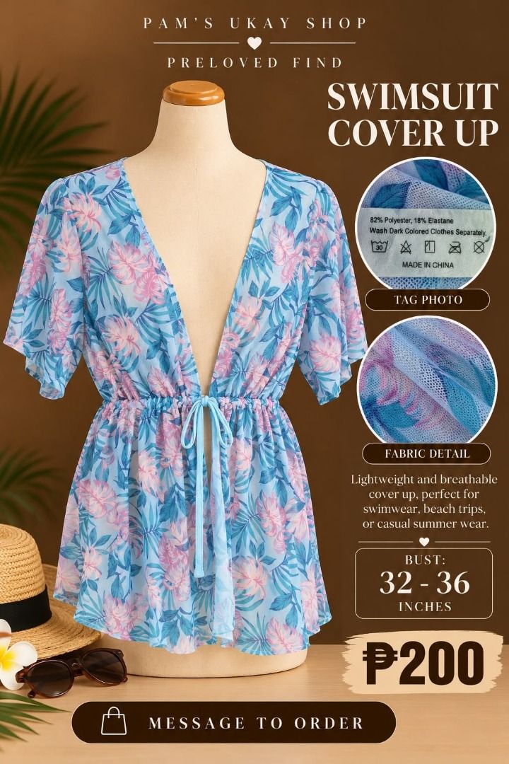 Blouse Swimsuit Cover Up (Category: Blouses) located in Makati City. Submitted by bigheartsclothingcom720 (Listing ID 1471225825, Image 1). Description: Beach days just got prettier! 🩵 🌺 This floral swimsuit cover-up is your perfect summer companion for only ₱200! ☀️ 📏 Bust: 32–36”.
