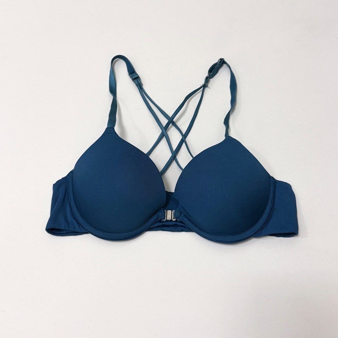Blue Front-Closure Strappy Crisscross Back Push-up Bra [34A] (Category: Undergarments & Loungewear) located in Malabon City. Submitted by k_intimates (Listing ID 1471291086, Image 1). Description: Details: • Size 34A / wired / push-up • Min. sign of use only (quality is similar with vs) • Blue push-up bra featuring a front-closure clasp and a strappy crisscross back design..