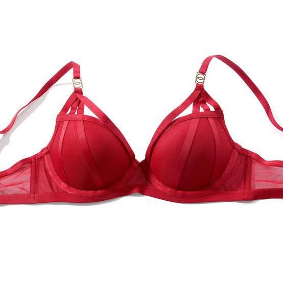 BNEW Deep Red Sexy Push-up Bra [34CD] (Category: Undergarments & Loungewear) located in Malabon City. Submitted by k_intimates (Listing ID 1471199427, Image 2). Description: Details: • Size 34CD / wired / graduated push-up • Brandnew • Deep red-colored underwire bra featuring structured paneled cups, sheer mesh wings, and adjustable straps with gold-toned hardware. .