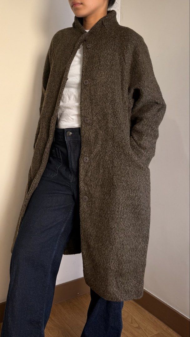 Brown Wool Blend Oversized Winter Long Coat (Category: Coats, Jackets and Outerwear) located in Quezon City. Submitted by cristealyanna (Listing ID 1471140097, Image 3). Description: - Color: Brown - Material: Textured wool - Length: Mid-calf - Fit: Relaxed - Features: High collar, front buttons, deep side pockets - Style: Versatile layering piece for chilly weather.